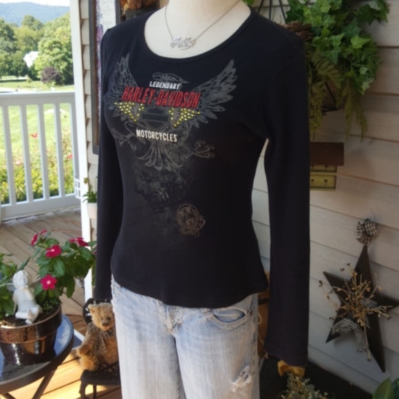 HARLEY-DAVIDSON ♡ Black Long Sleeve Red 'n Gold Embellished Legendary H-D Top S - Picture 7 of 17